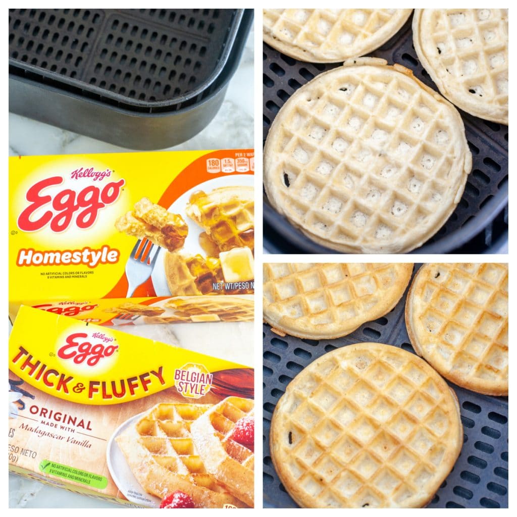 Boxes of frozen waffles. Waffles in air fryer. 