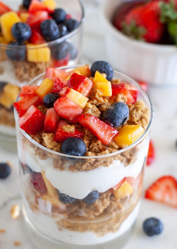 Yogurt, granola and berries. 