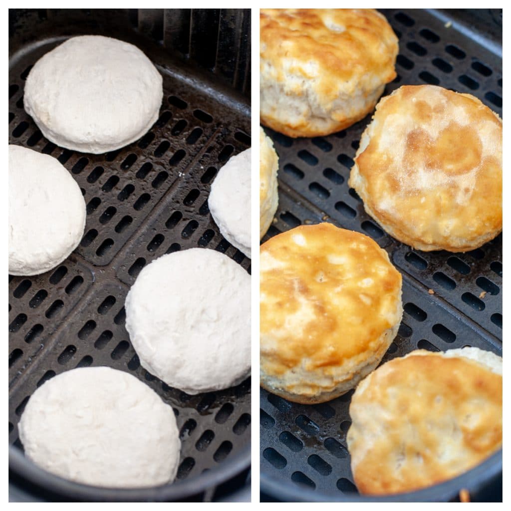 Frozen and baked biscuits in air fryer basket. 