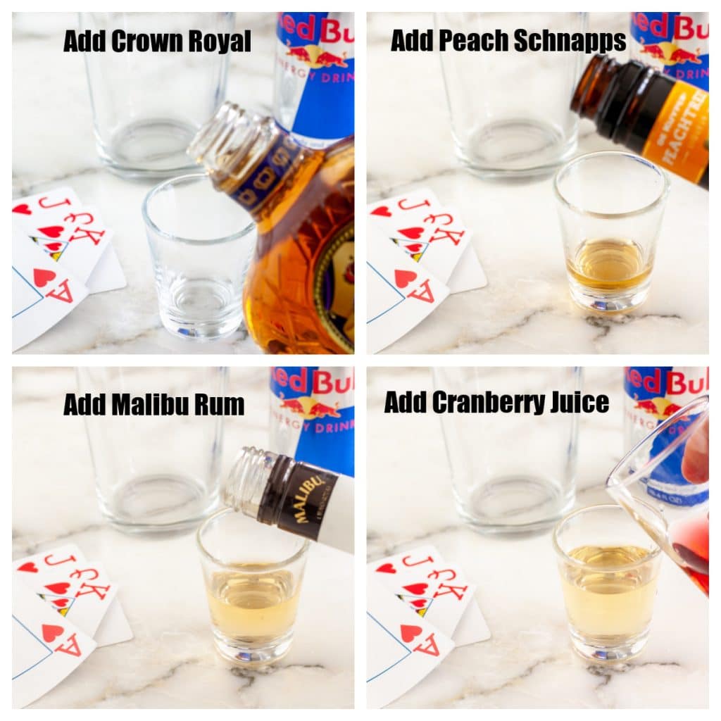 Hand pouring whisky, schnapps, rum and juice into shot glass. 