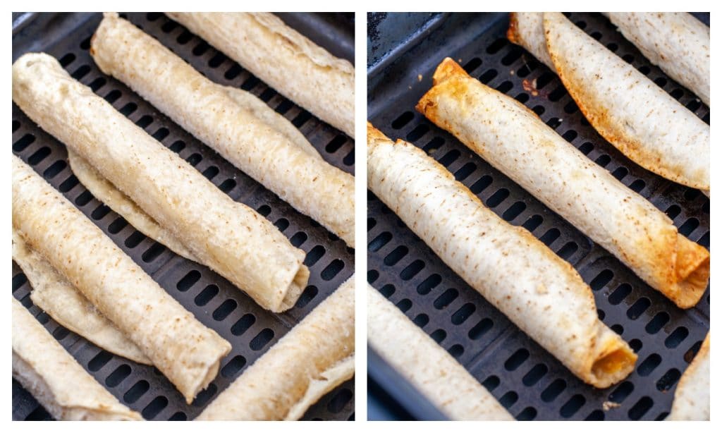 Frozen taquitos and cooked taquitos in air fryer basket. 