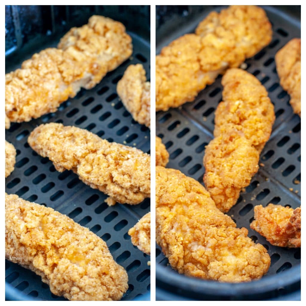 Frozen and cooked chicken strips in air fryer basket.