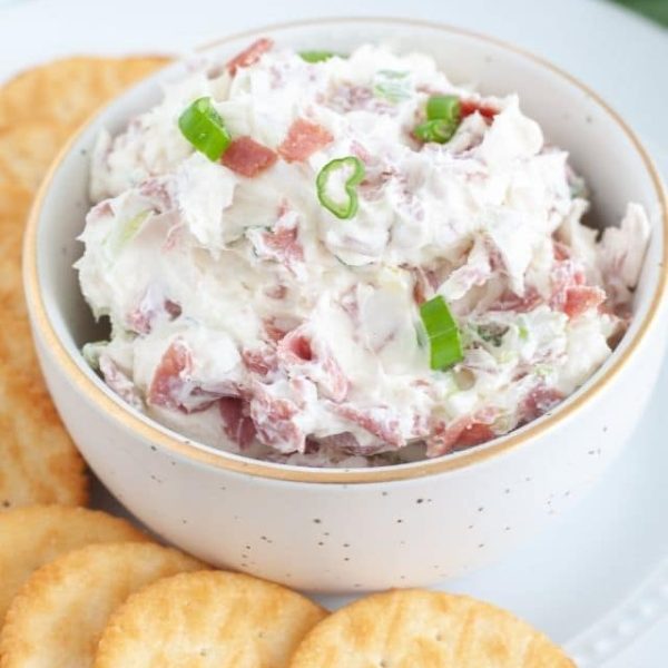 Bowl of beef and cheese dip with crackers.