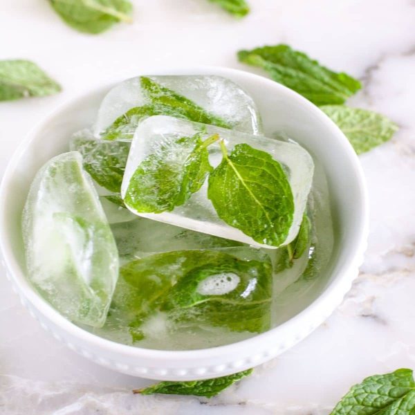 Mint leaves in ice cubes in a bowl.