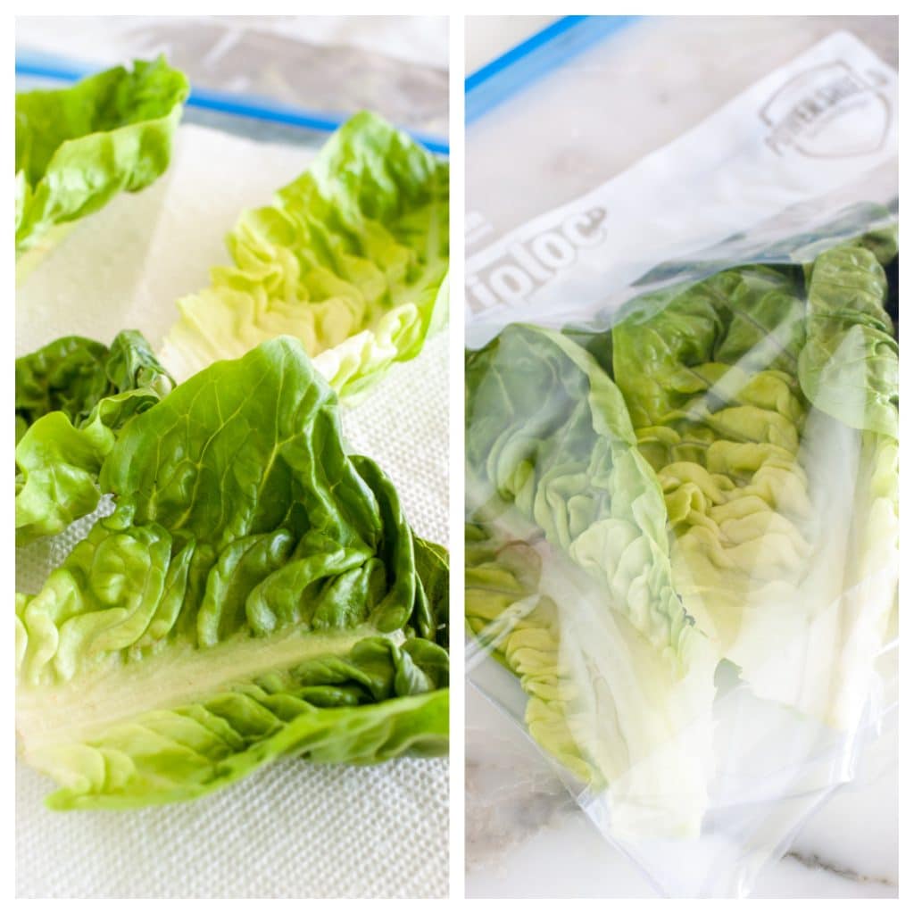 Lettuce leaves on table and in a plastic bag. 