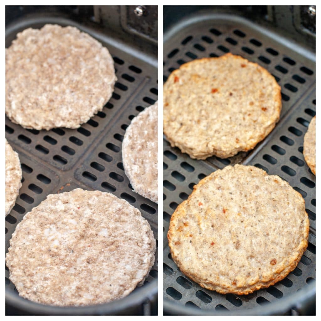 Frozen sausage patties in air fryer basket and cooked patties in basket. 