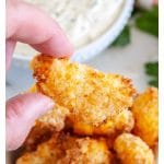 Hand holding fried cheese curd.