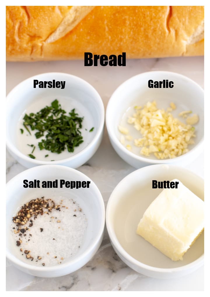 Bowls of parsley, garlic, butter and bread. 