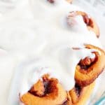 Baking dish with cinnamon rolls.
