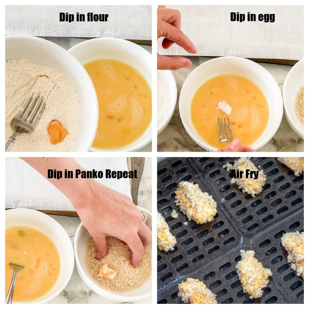 Cheese curd in bowl of flour, eggs and bread crumbs. 