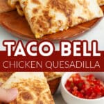 Chicken quesadilla on a wooden plate.