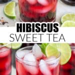 Glass of hibiscus tea with a lime slice.
