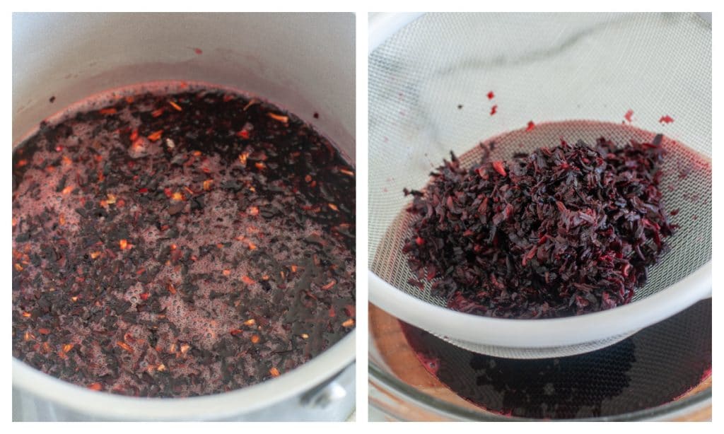 Pot with water and hibiscus flowers and in a strainer. 