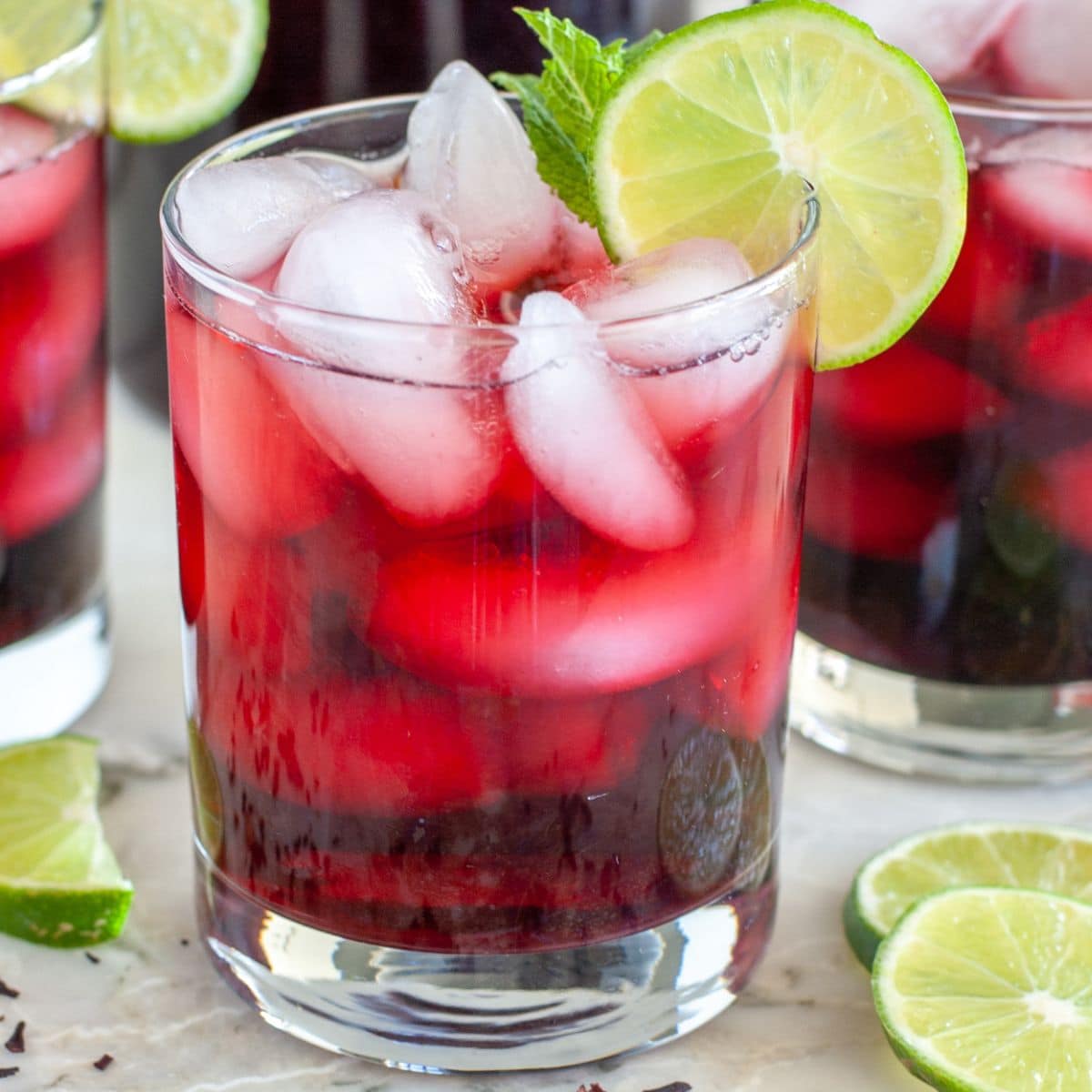 Glass of iced hibiscus tea.