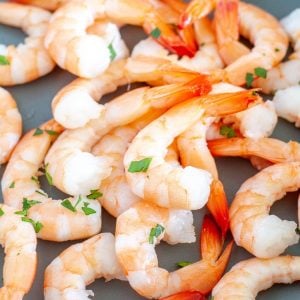 Cooked shrimp in a pan.