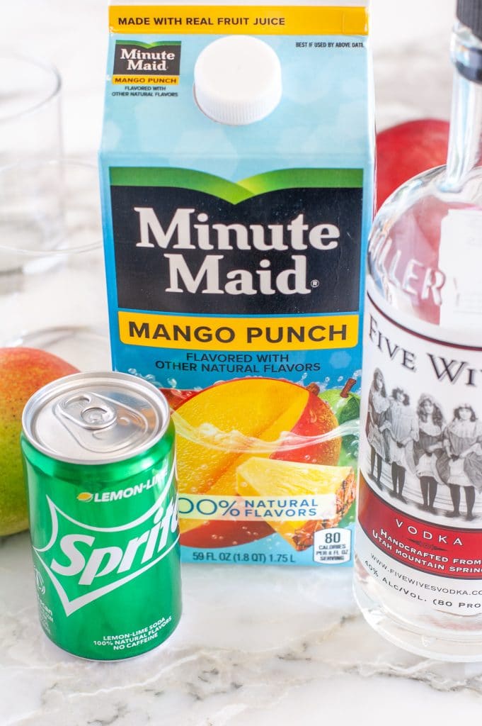 Carton of mango punch, can of Sprite, vodka.
