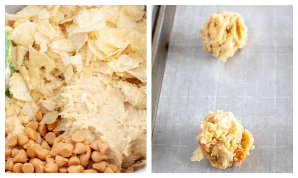 Bowl with batter, potato chips and butterscotch chips.