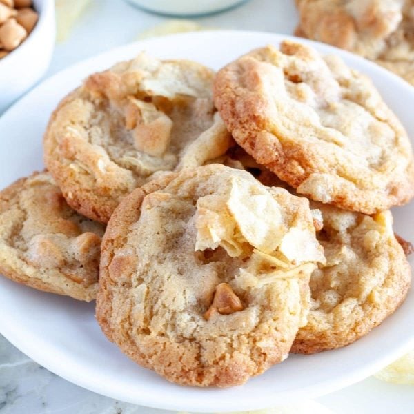 Chip cookies on a plate.