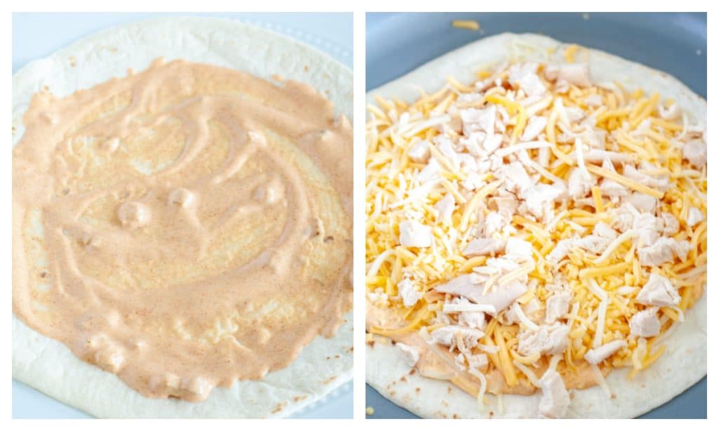 Tortilla with sauce and then topped with cheese and chicken. 