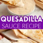 Quesadilla sauce in a bowl with a quesadilla dipping in the sauce.
