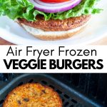 Burger on a plate and in a air fryer.
