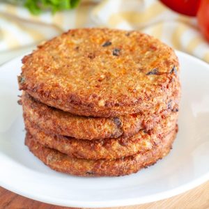 Stack of cooked veggie burgers.