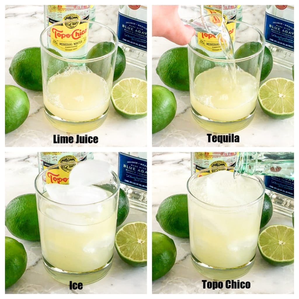 Glass with lime juice, tequila and water. 