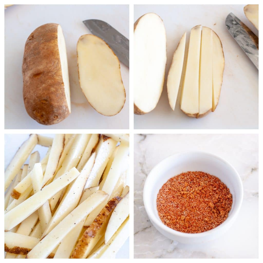 Potato cut into fries and bowl of seasoning. 