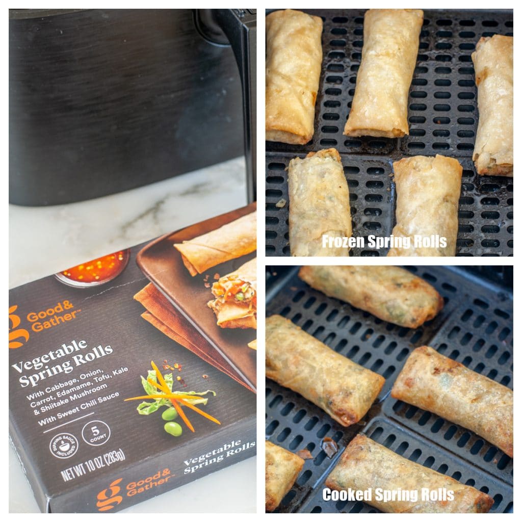 Spring rolls in air fryer basket. 