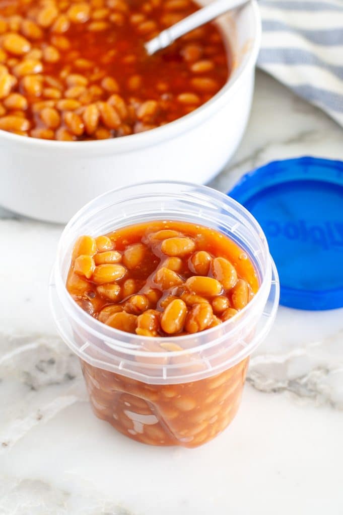 Container of baked beans. 