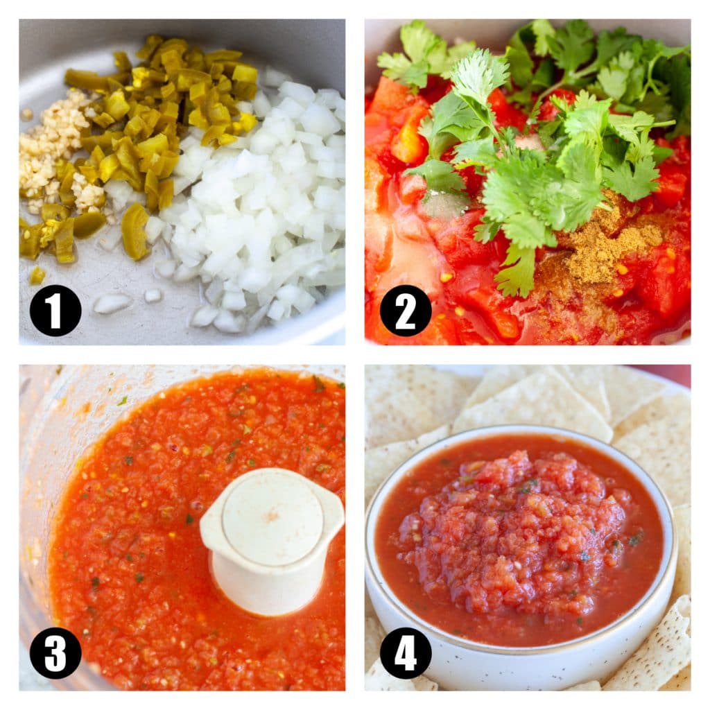 Onions, tomatoes, jalapeno, cilantro in pot and in food processor. 