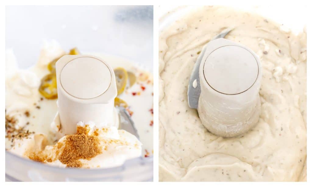 Food processor with sour cream and spices. 