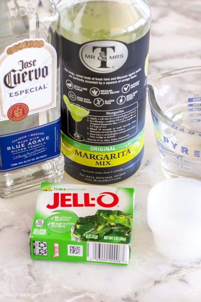 Bottle of tequila, margarita mix and jello. 