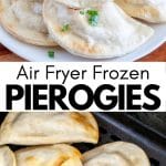 Plate of pierogies and in air fryer.