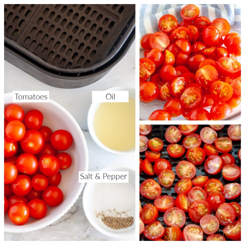 Bowl of cherry tomatoes, oil, salt and pepper. 