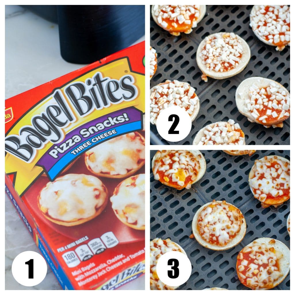 Box of bagel bites, in the air fryer basket. 