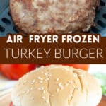 Burger patty in air fryer and hamburger on a plate.