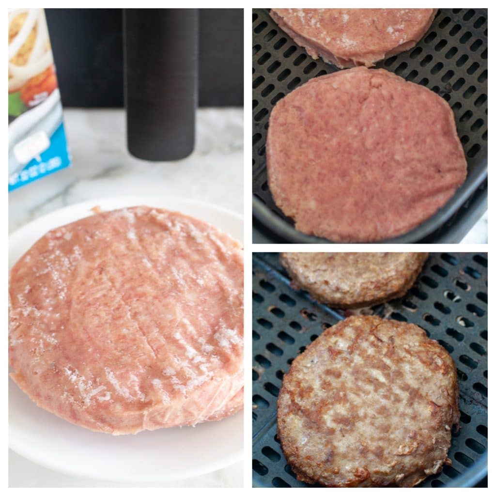 Frozen turkey burger patties on plate and in air fryer. 