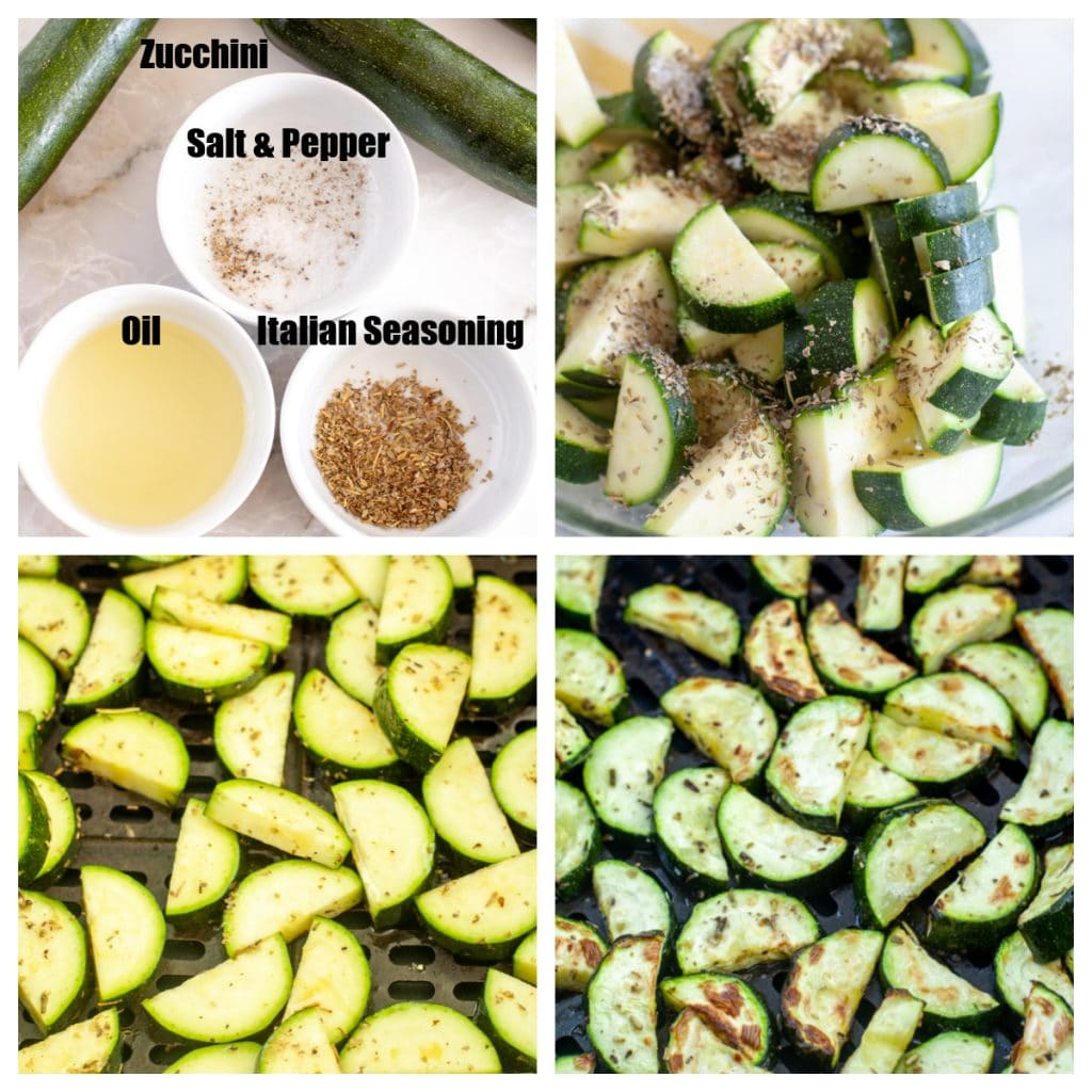 Zucchini, bowl of oil and seasonings. Cooked zucchini. 