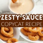 A bowl with creamy sauce and onion rings.