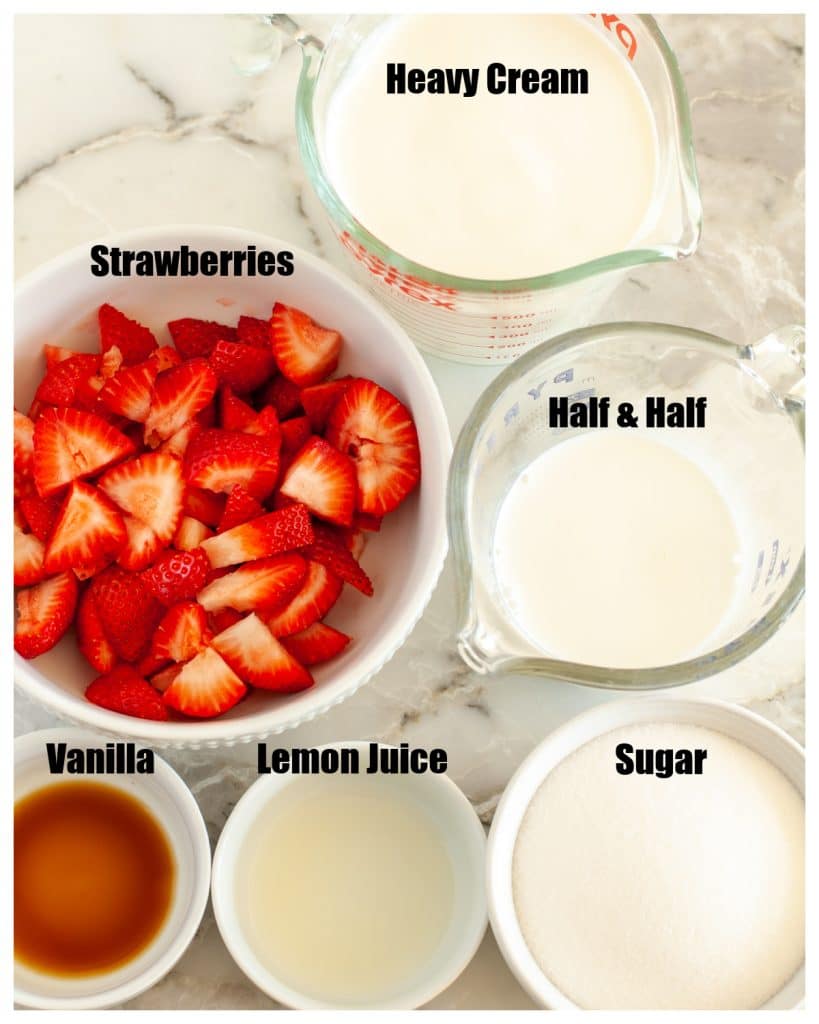 Bowl of strawberries, cream, sugar and vanilla. 