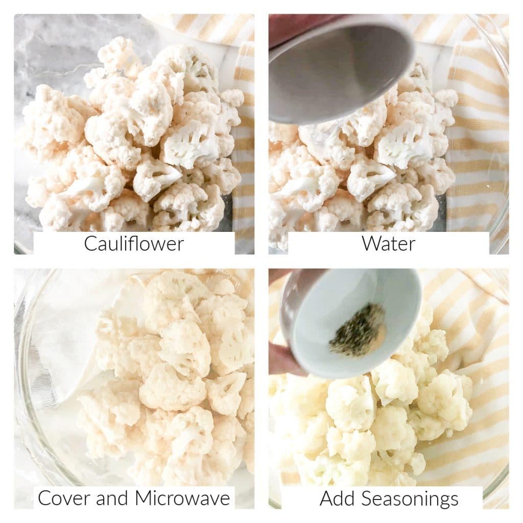 Bowl of cauliflower florets and seasonings. 