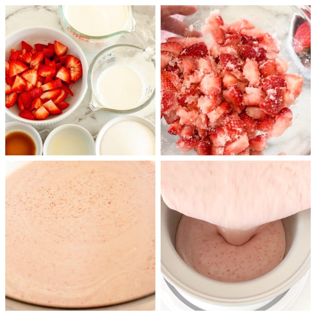 Chopped strawberries in bowl, in cream mixture and in ice cream maker. 