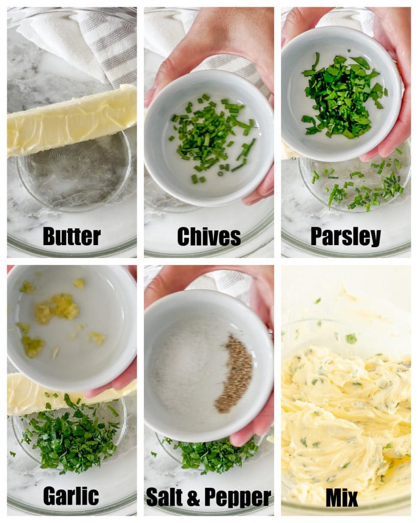 Bowls of butter, herbs, garlic, seasoning.