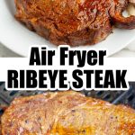 Steak in air fryer basket.