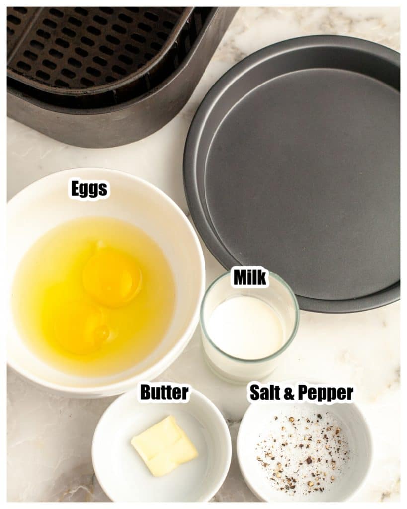 Bowl of eggs, milk, butter and salt.