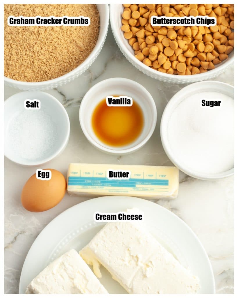 Bowl of crumbs, butterscotch chips, sugar, butter, creamcheese and egg.