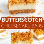 Butterscotch cheesecake bars on a plate.