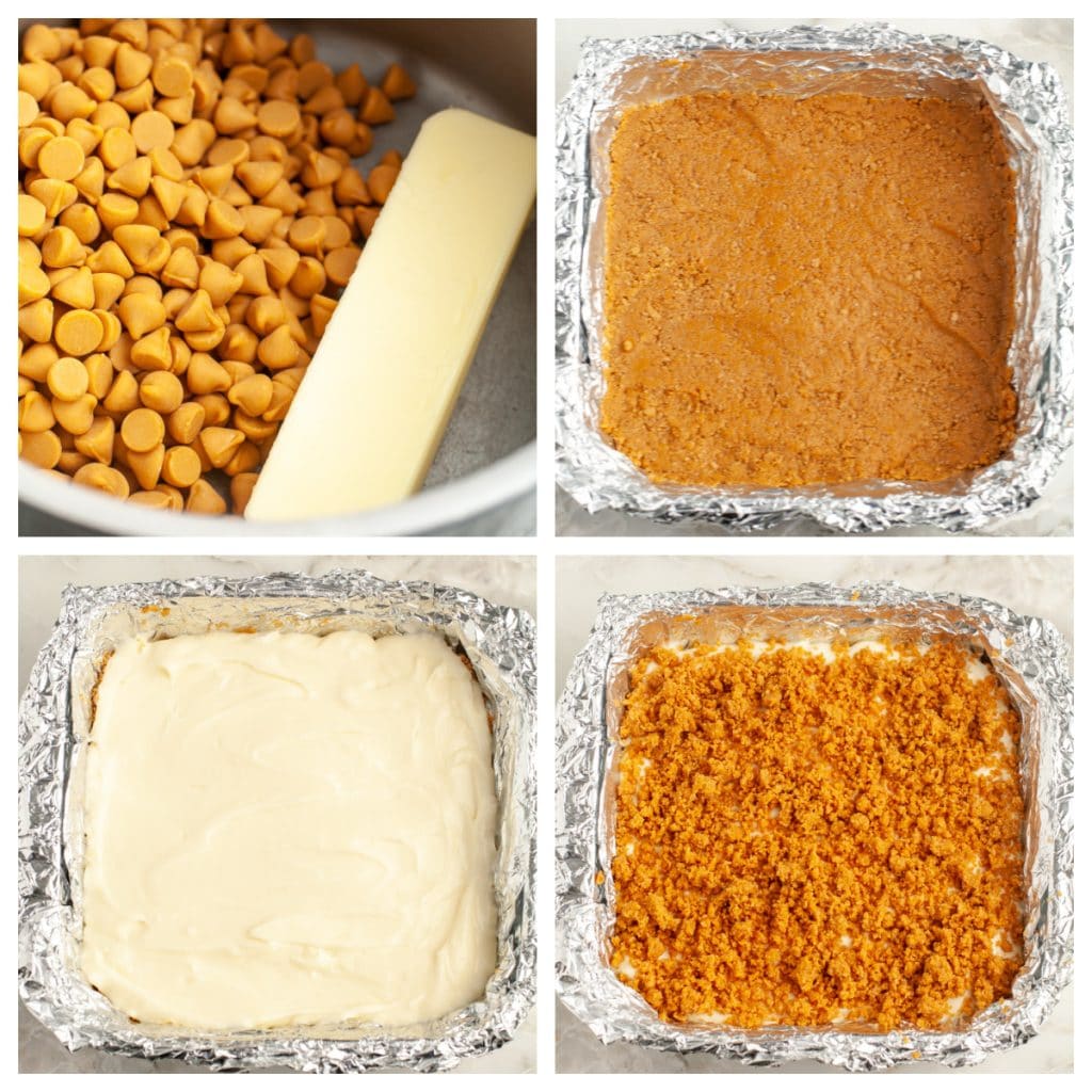 Baking dish with crumbs, cream cheese and topping.