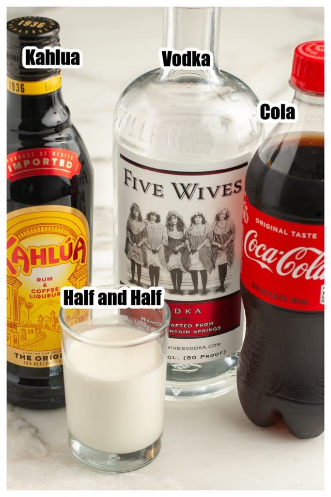 Bottle of kahlua, vodka, cola, cream.